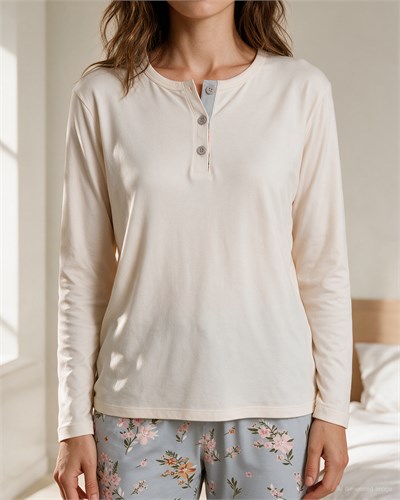 Kadın Düğmeli Yaka Pijama Takımı Krem