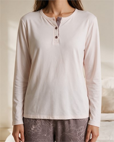 Kadın Düğmeli Yaka Pijama Takımı Pembe Bej