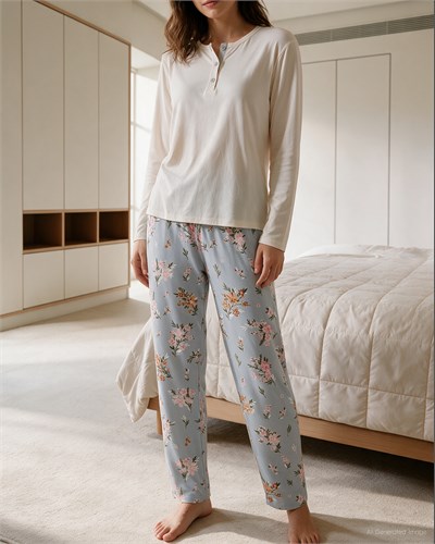 Kadın Düğmeli Yaka Pijama Takımı Krem