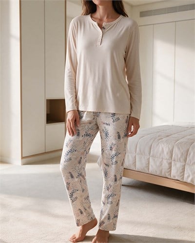 Kadın Düğmeli Yaka Pijama Takımı Pudra