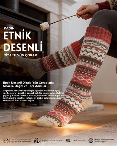 Kadın Etnik Desenli Dizaltı Kışlık Kalın Yün Çorap