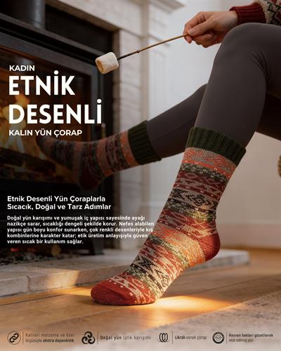 Kadın Etnik Desenli Kalın Yün Çorap