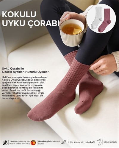 Kadın Gül Kokulu 2li Uyku Çorabı Gül Kurusu Beyaz