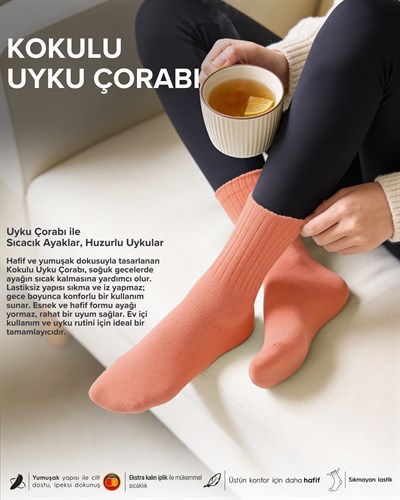 Kadın Gül Kokulu 2li Uyku Çorabı Somon Y.Ağzı