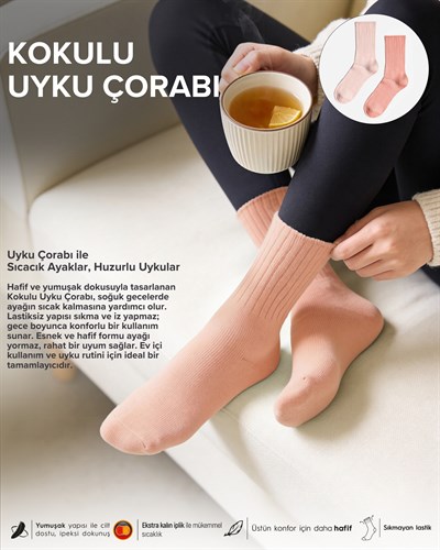 Kadın Gül Kokulu 2li Uyku Çorabı Somon Y.Ağzı