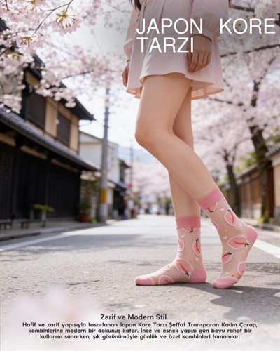 Kadın Japon Kore Tarzı Transparan Çorap Şeftali Desen