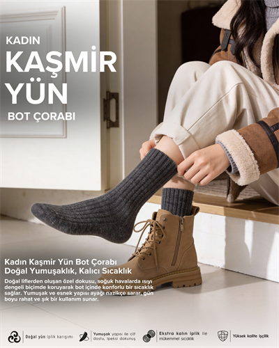 Kadın Kaşmir Yün Bot Çorabı Antrasit