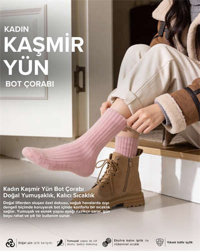 Kadın Kaşmir Yün Bot Çorabı Pembe