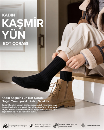 Kadın Kaşmir Yün Bot Çorabı Siyah