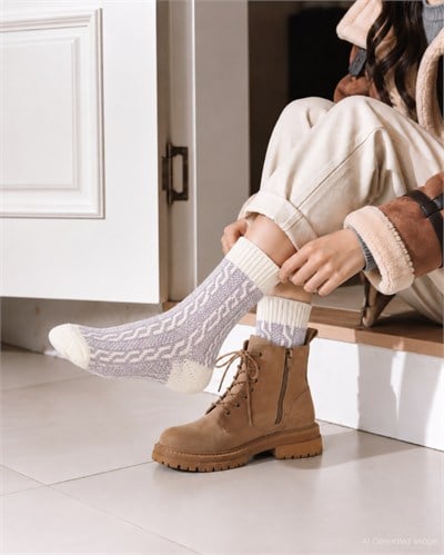 Kadın Lambswool Jakarlı Bot Çorabı Gri