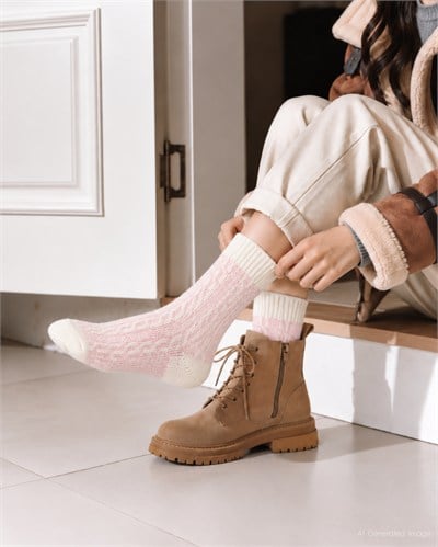 Kadın Lambswool Jakarlı Bot Çorabı Pembe