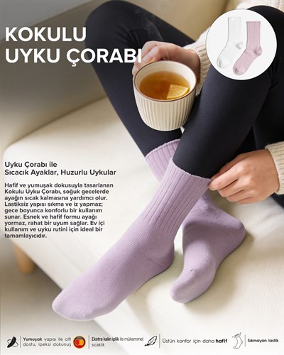 Kadın Lavanta Kokulu 2li Uyku Çorabı Lila Krem