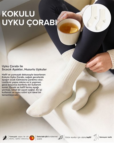 Kadın Okaliptus Kokulu 2li Uyku Çorabı Ekru