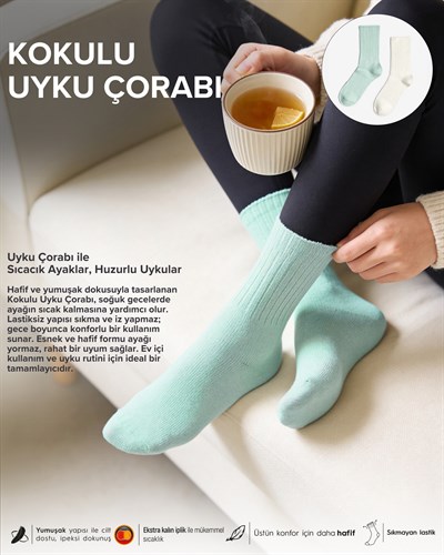 Kadın Okaliptus Kokulu 2li Uyku Çorabı Yeşil Krem
