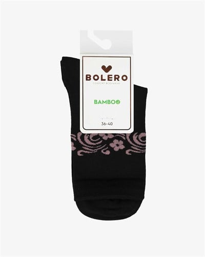 Kadın Premium Dikişsiz Bambu Çorap Konç Çiçekli Siyah