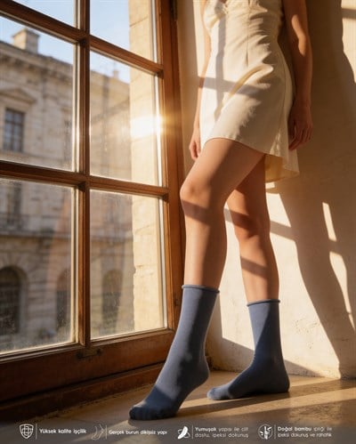 Kadın Roll Top Lastiksiz Bambu Çorap İndigo