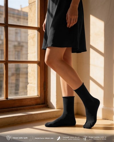 Kadın Roll Top Lastiksiz Bambu Çorap Siyah