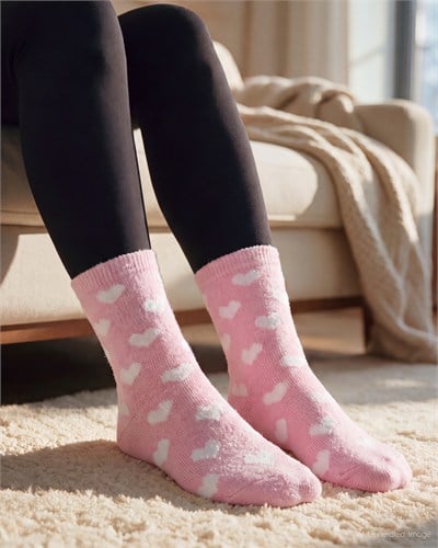 Kadın Soft Ev Çorabı Pembe Kalpli