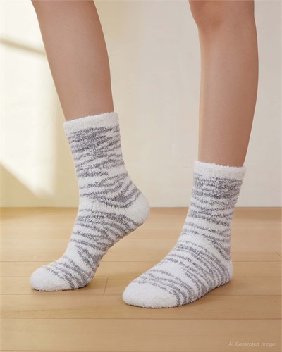 Kadın Soft Touch 2li Peluş Ev Çorabı Gri Zebra Desen