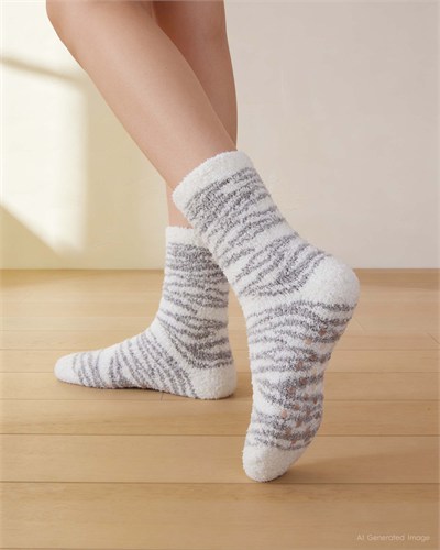 Kadın Soft Touch 2li Peluş Ev Çorabı Gri Zebra Desen