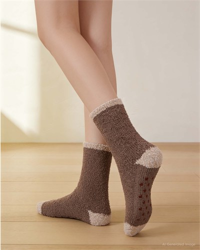 Kaydırmaz Taban Kadın Soft Touch 2li Peluş Ev Çorabı Kahve Çizgili