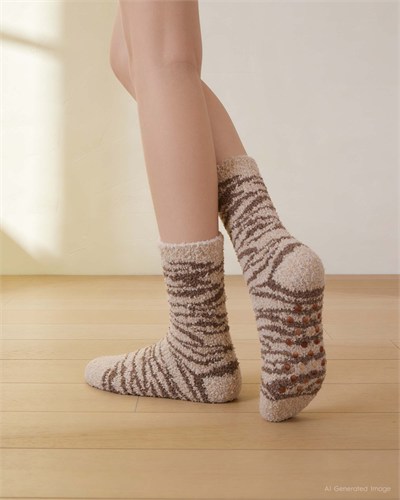 Kaydırmaz Taban Kadın Soft Touch 2li Peluş Ev Çorabı Kahve Çizgili