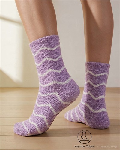 Kadın Soft Touch 2li Peluş Ev Çorabı Lila Papatya