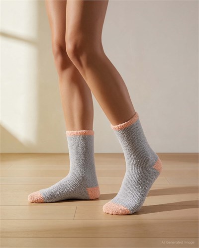 Kadın Soft Touch 2li Peluş Ev Çorabı Puantiye Gri