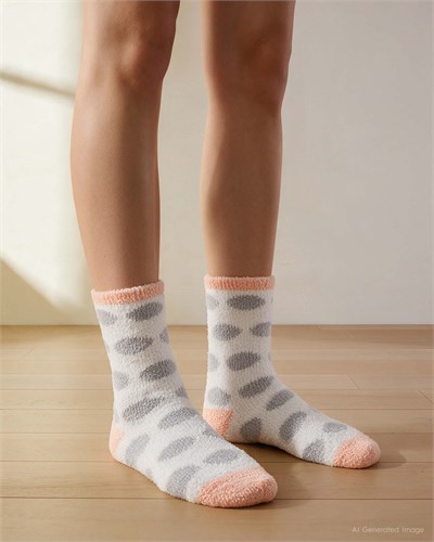 Kadın Soft Touch 2li Peluş Ev Çorabı Puantiye Gri