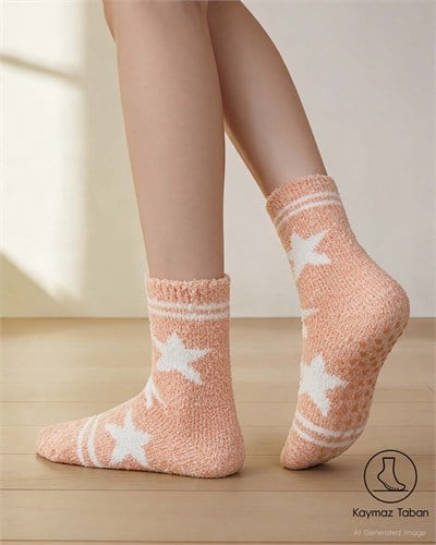 Kaydırmaz Taban Kadın Soft Touch 2li Peluş Ev Çorabı Somon Yıldız Desenli