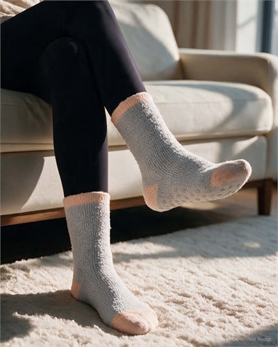 Kaydırmaz Taban Kadın Soft Touch 2li Peluş Ev Çorabı Somon Yıldız Desenli