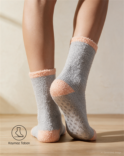 Kaydırmaz Taban Kadın Soft Touch 2li Peluş Ev Çorabı Somon Yıldız Desenli