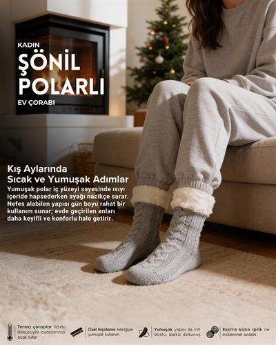 Kadın Şönil İçi Polarlı Ev Çorabı Gri