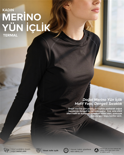 Kadın Termal Merino Yün İçlik Siyah Üst