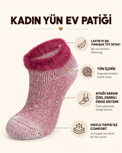 Kadın Yün Ev Patiği Bordo