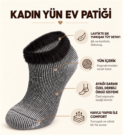 Kadın Yün Ev Patiği Siyah