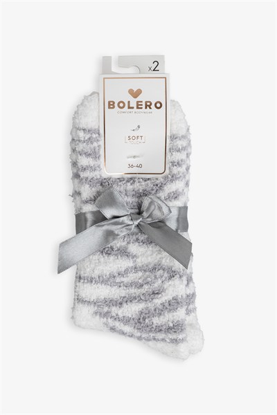 Kaydırmaz Taban Kadın Soft Touch 2li Peluş Ev Çorabı Gri Zebra Desenli