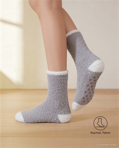 Kaydırmaz Taban Kadın Soft Touch 2li Peluş Ev Çorabı Gri Zebra Desenli