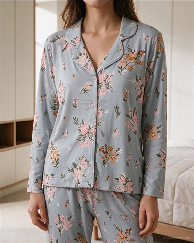 Kiraz Çiçeği Desenli Kadın Pijama Takımı Yeşil