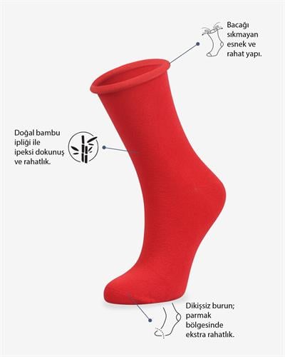 Kadın Roll Top Lastiksiz Bambu Çorap Kırmızı