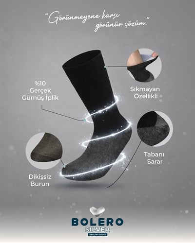 Unisex Premium Gümüş Diabet Çorap Siyah