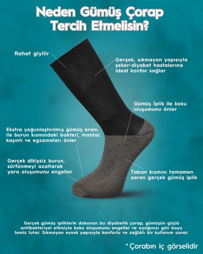 Unisex Premium Gümüş Diabet Bambu Çorap Siyah