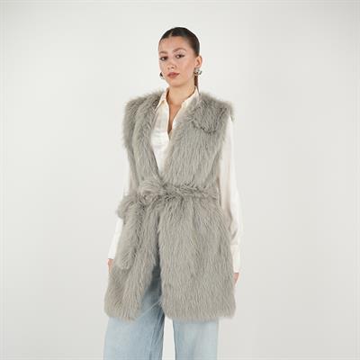 Kisya Tüylü Bağlamalı Yelek Gri