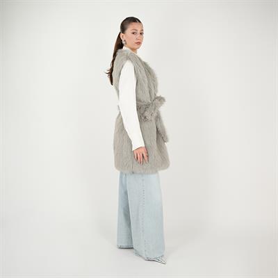 Kisya Tüylü Bağlamalı Yelek Gri