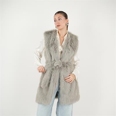 Kisya Tüylü Bağlamalı Yelek Gri