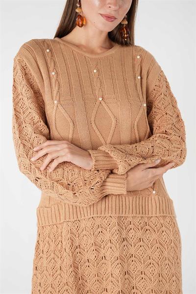 İnci Detaylı Triko Tunik (Karamel)