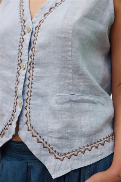 İşlemeli Keten Yelek Mavi