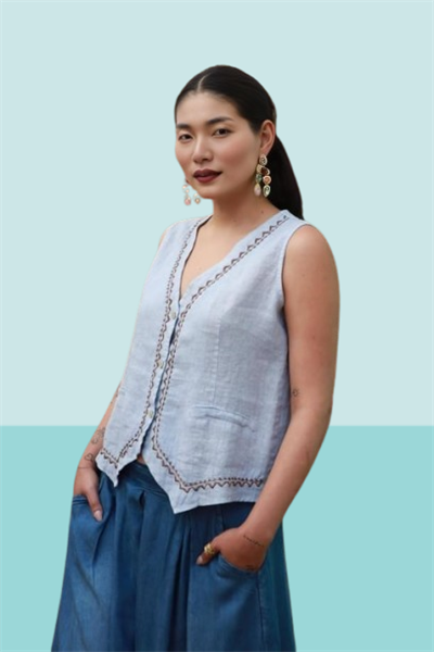 İşlemeli Keten Yelek Mavi