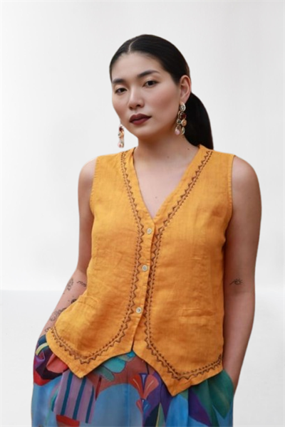 İşlemeli Keten Yelek Turuncu