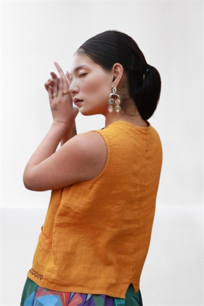 İşlemeli Keten Yelek Turuncu